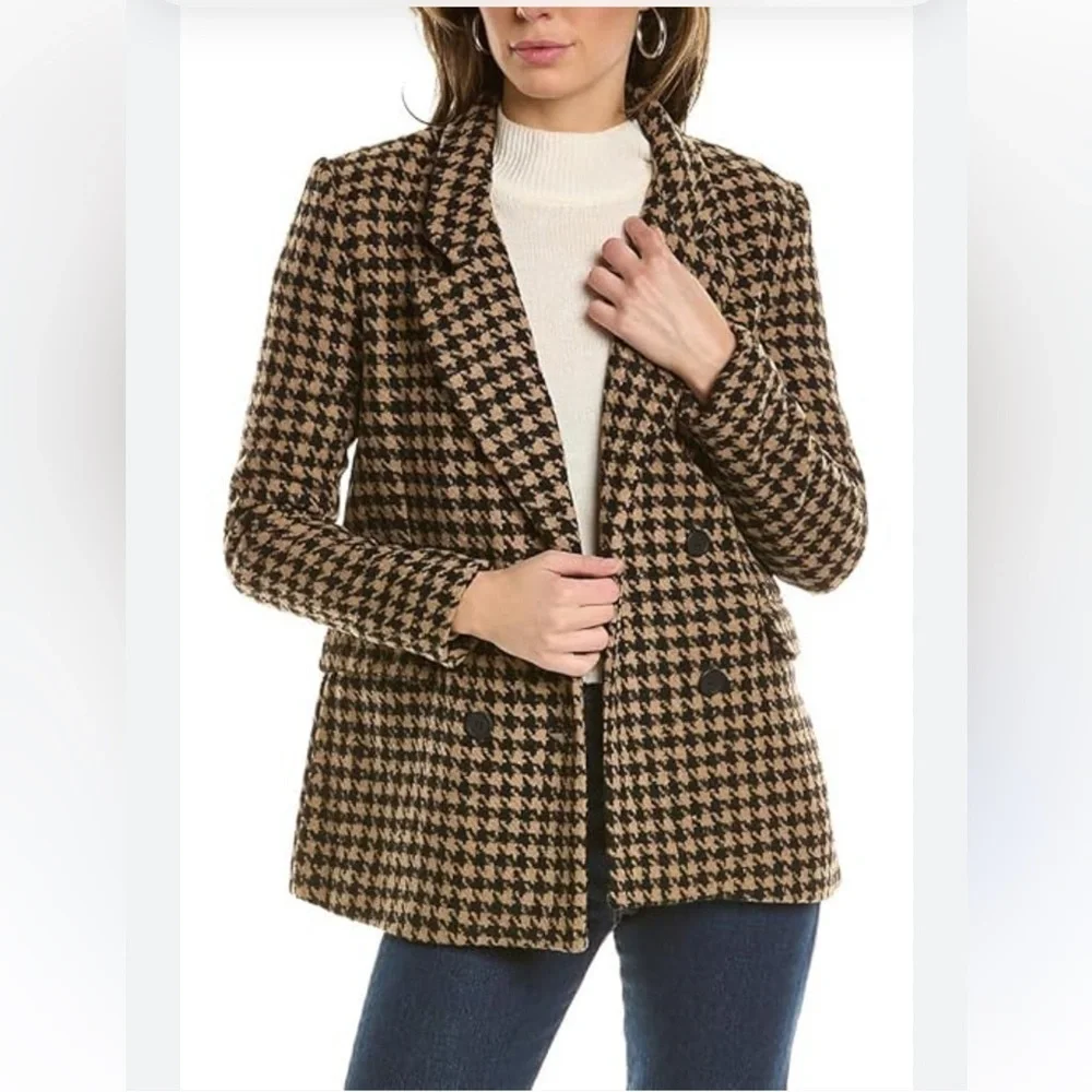 Blank NYC Book Club Houndstooth Double-Breasted Oversized Blazer Tan Black SZ S